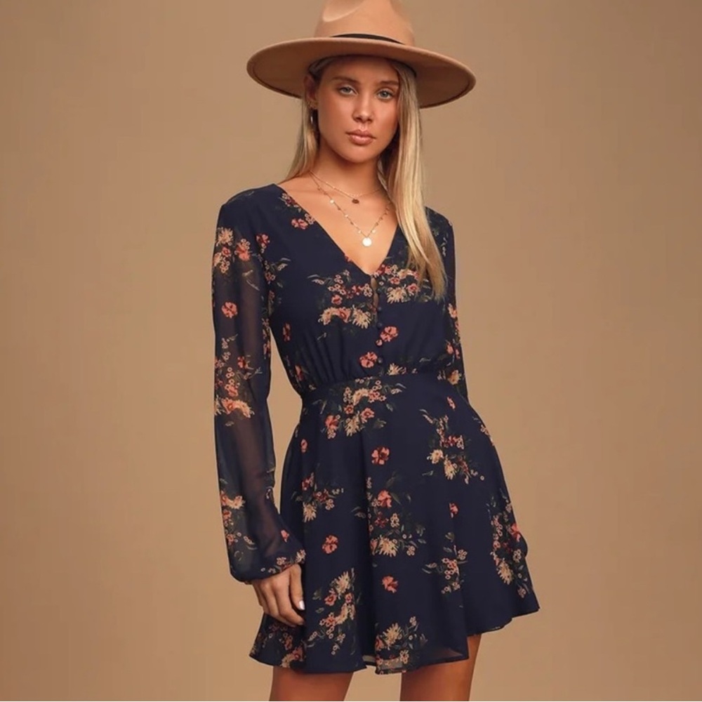 Lulus Long Sleeve Navy Floral Dress